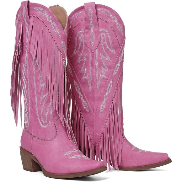 Women's Pink Classic Embroidery Pointed Toe Fringe Knee High Cowgirl Boot - Picture 1 of 6